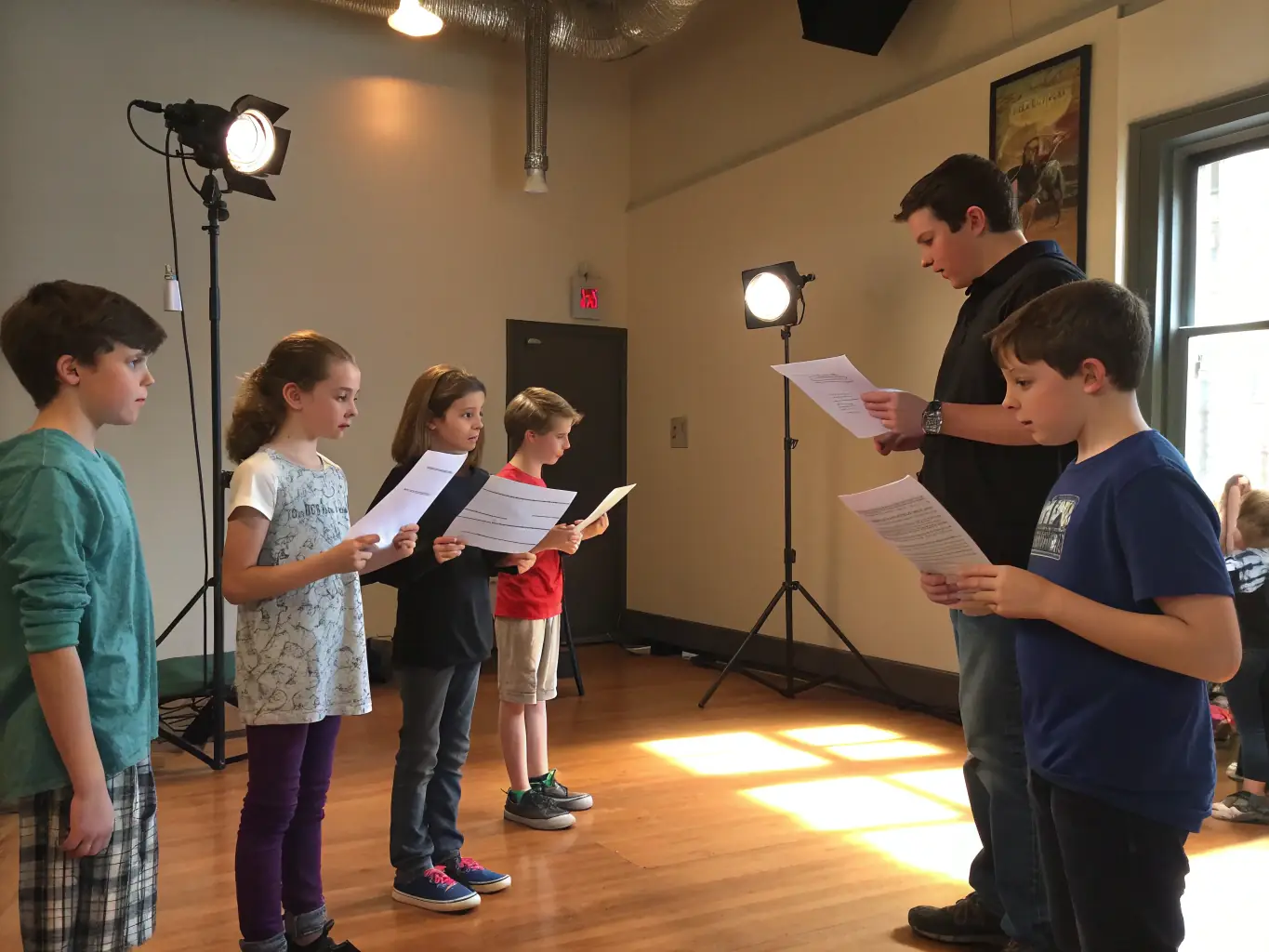 A group of young adults participating in a theater workshop, learning acting techniques and stagecraft from experienced instructors, highlighting PARFUMS DE SCENE's commitment to arts education.