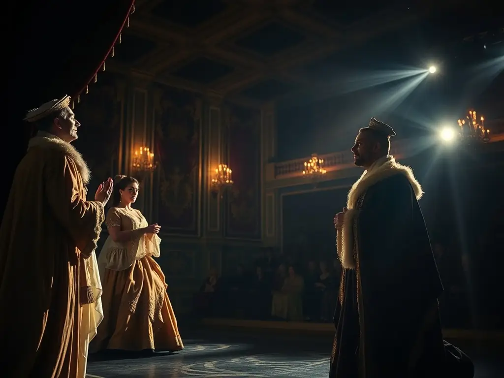 An image showing actors performing on stage during a theatrical production, highlighting the dramatic storytelling and artistic expression supported by PARFUMS DE SCENE.