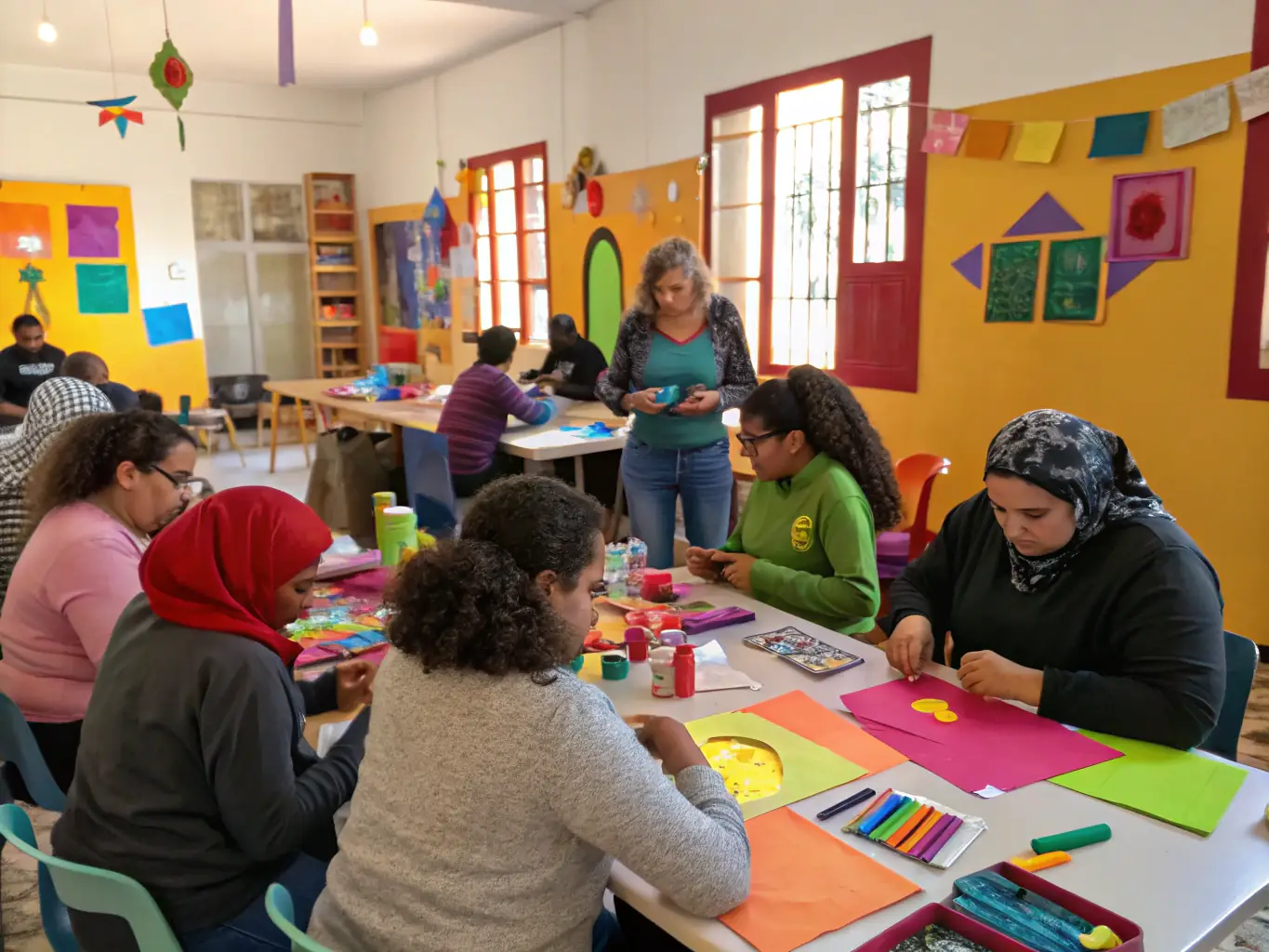 A photograph capturing a community arts workshop in action, with participants actively engaged in creative activities, reflecting PARFUMS DE SCENE's commitment to cultural access.