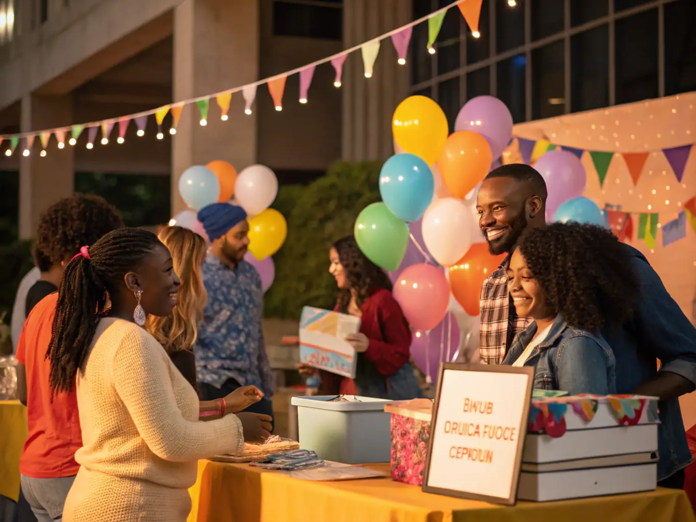 An image of a fundraising event for the arts, showing people donating and participating in activities to support live performances.