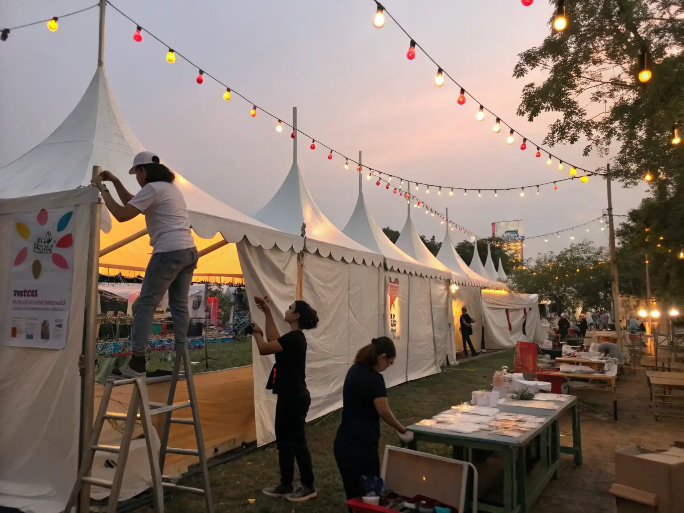 An image of volunteers working behind the scenes at a community arts festival, highlighting the collaborative effort required to bring cultural events to life.