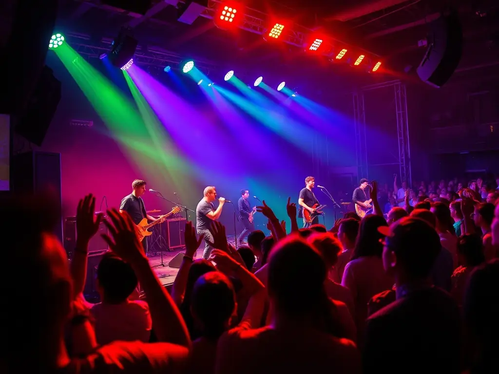 A vibrant photograph capturing a live concert performance supported by PARFUMS DE SCENE, showcasing musicians on stage with enthusiastic audience members in the background, highlighting the energy and excitement of the event.