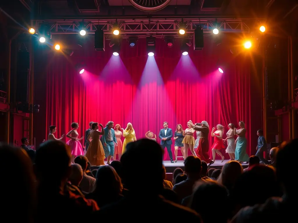 A vibrant stage scene with performers in colorful costumes during a theatrical production, showcasing the energy and artistry supported by PARFUMS DE SCENE's funding.