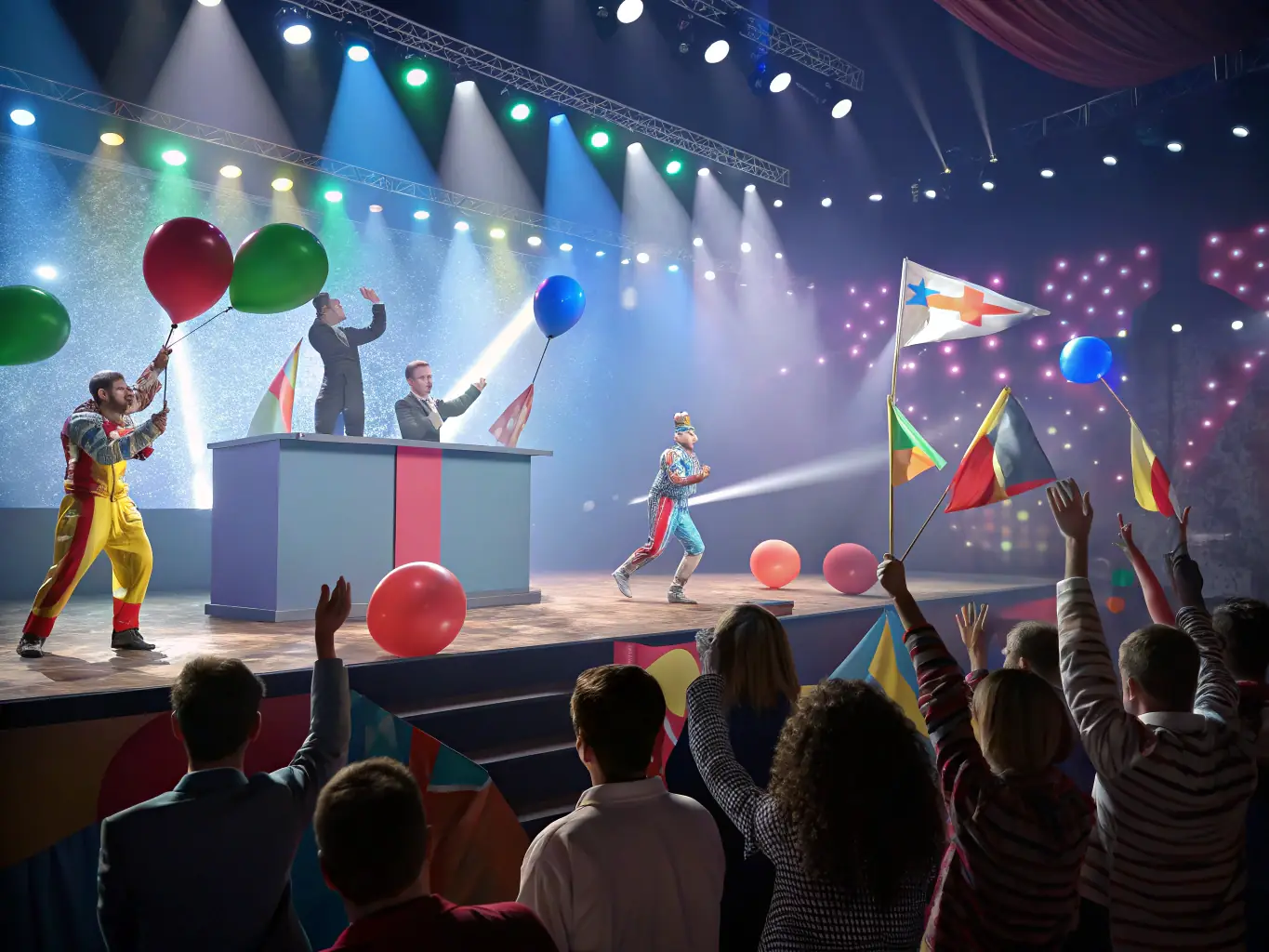 An image of a diverse group of performers on stage during a theatrical production, showcasing the energy and artistry of live performance.
