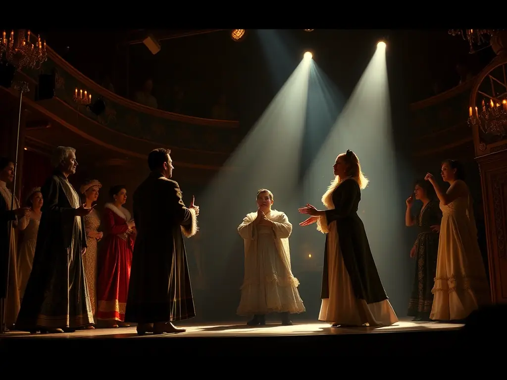 A dynamic image of a theatrical production funded by PARFUMS DE SCENE, featuring actors in costume on stage during a dramatic scene, emphasizing the organization's commitment to supporting the performing arts.